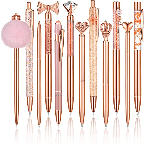 Aodaer 12 Pieces Ballpoint Pen Set Metal Crystal Diamond Ballpoint Pen Rose Gold Pens Liquid Sand Glitter Pen Crown Pretty Pens Black Ink Pens For Office School Wedding Party Desk Supplies #TOP22