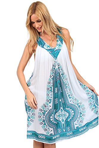 Unbranded Women's Sleeveless Loose Printed Casual Short Warm Comfy Dress (White/Turquoise, One Size)