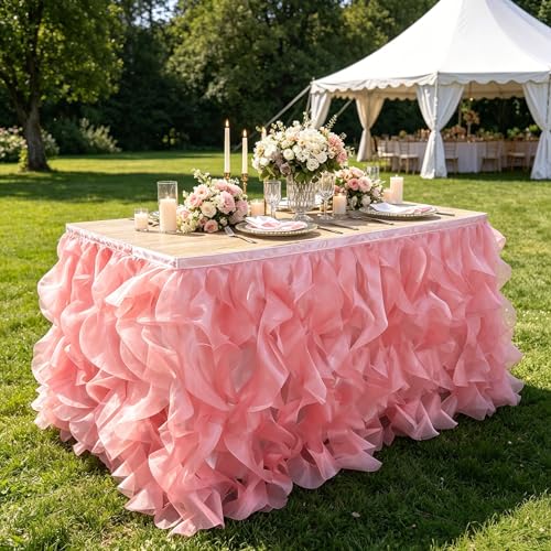 Image of Luxury Organza Mesh Table Skirt Draping Floating Romance - Perfect for Bridal Showers, Birthday Weddings - Clear Flowing Decoration for a Wonderful Main Cake Table (Watermelon Red-6ft, 72 inchLx30 inchH)