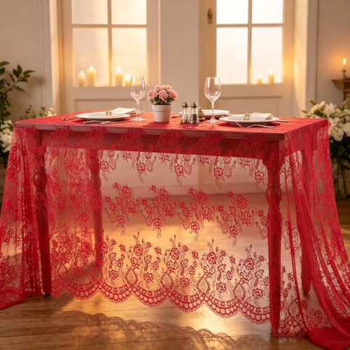 B-COOL 5 Pieces Red Vintage Lace Tablecloth Rectangle 60x120 Inches Embroidered Table Cloths Overlay Bulk Lace Fabric for Baby Shower Outdoor Table Decor