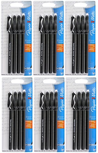 Papermate Erasermate Medium Point (1.0 mm) Black Erasable Ballpoint Pens, 4 count, (Pack of 6)