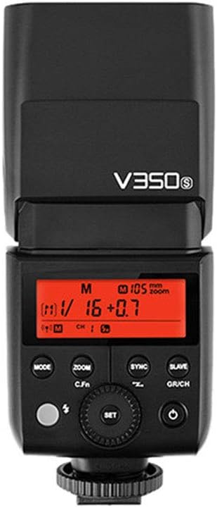 Detailed view of the Godox V350S flash LCD display showing manual mode settings.