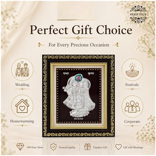 Image of Hem Jewels 999 Pure Silver Radhe Krishna Photo Frame for Home & Office | God Frame for Pooja Room & Wall Decor | Premium Pure Silver Gifting Item for Wedding, Housewarming, Office, Wedding & Festival Gifts | Square Tabletop | W=12cm & H=13.5 cm | Certificate Included