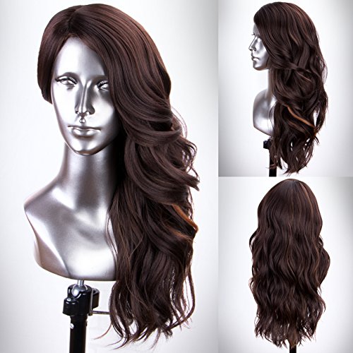 Persephone Glueless Brown Synthetic Wig with Blonde Highlights Full Machine Made Wavy Wigs for Women Heat Resistant 18 Inches
