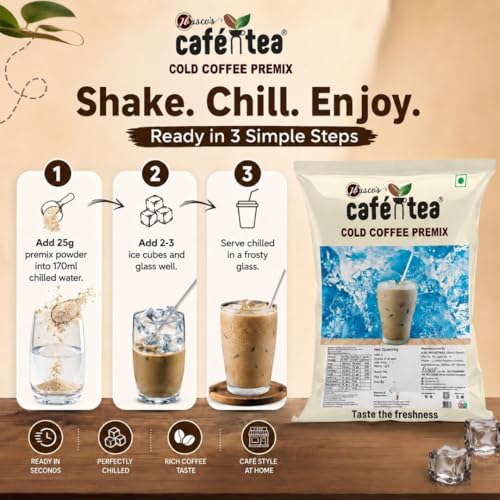 Image of Cafe N Tea Cold Coffee Premix Powder 1kg (Pack of 2 x 500g) Instant Drink Mix Cafe Style Iced Coffee Rich Creamy Easy to Make Makes 40 Glasses
