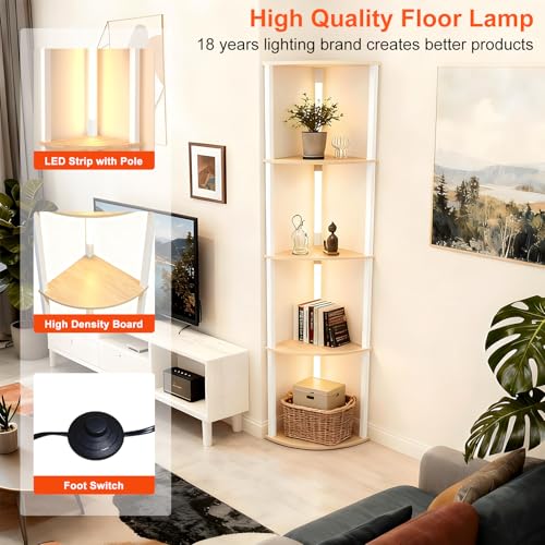 Image of Lightdot Corner Floor Lamps with Shelves, 64Inch 5-Tier Storage Shelf Lamp with Integrated LED Posts /Walnut Shelf /White Frame, White Display Floor Lamp for Living Room /Bedroom /Sofa Beside /Corner Decor