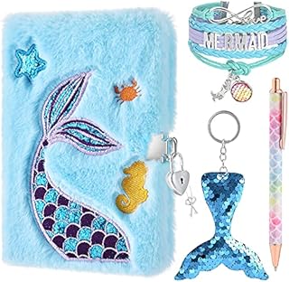 Plush Mermaid Notebook Set - Glitter Diary for Kids Embroidery Patterns Journal School Travel Notepad Ballpoint Pens Key Rings Bracelets Locks Keys Birthday Christmas Gift