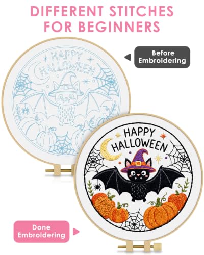Image of TINDTOP Halloween Embroidery Kit for Adult, Embroidery DIY Starter Kit, with Stamped Patterns, Hoop, Tools, Colorful Threads with Needles, Instructions (Halloween D)