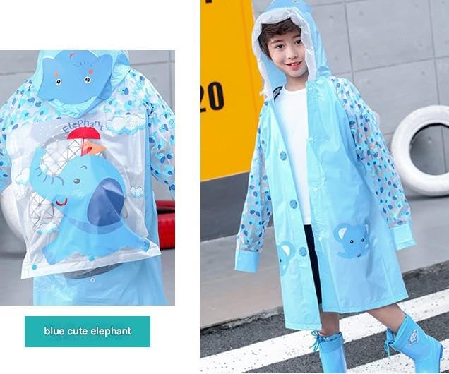 Image of FashionIO Hooded Raincoat for Kids with Wide /Inflated Brim Solid PVC Student Kids Raincoat with School Bag Rain Cover Cartoon Print Raincoats