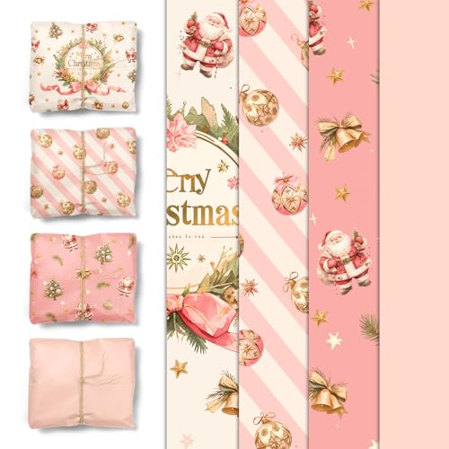 NICROHOME EUR 24 hojas de papel de regalo de Navidad, papel de seda rosa con lazo y patrón de Papá Noel, papel de regalo para Navidad Pequeños regalos para niñas y mujeres (15 x 20 pulgadas)