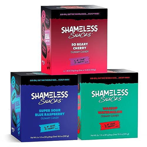 Shameless Snacks – Low Carb Keto Gummies Gluten Free Candy Bundle – Blue Raspberry, Watermelon, Beary Cherry