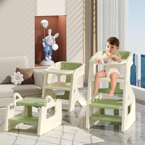 Image of 3-in-1 High Chair for Babies Kids Convertible HighChair Toddlers Adjustable Height Kitchen Step Stool for Sink Kids Chair Removable Tray Ideal for Dining Kitchen and Bathroom Use, Green