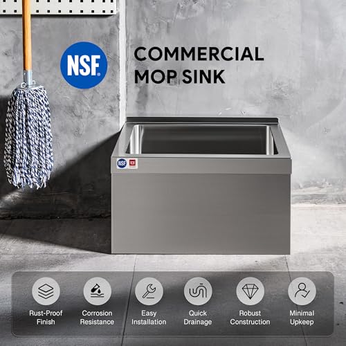 Image of WILPREP Commercial Mop Sink, 19x16x8 Inch 304 Stainless Steel Utility Sink with Strainer & X-Shaped Floor Guides for Kitchen Laundry Garage Pet Salon