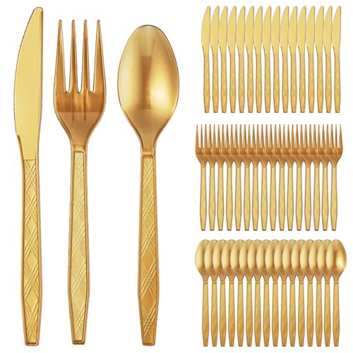 Couverts En Reutilisable 120 Pièces Couverts De Fête Réutilisables 40 Fourchettes,couteaux,cuillères Pour les Vacances,Réunion de Famille,Camping Sauvage, Doré