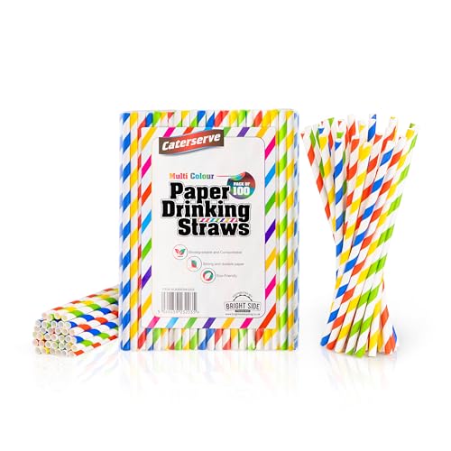 100 Paper Straws Multicolored - Eco-Friendly Alternative to Plastic Straws 100% Biodegradable and Compostable - Perfect for Drinking Cocktails and Parties Multicolour