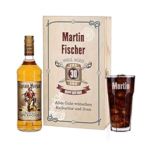 Herz & Heim® Captain Morgan Geschenkset zum Geburtstag mit Gravur des Glases und bedruckte Präsentbox
