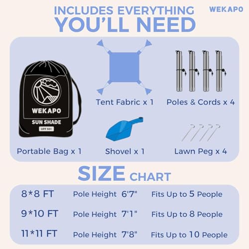 Image of WEKAPO Beach Tent Sun Shelter - Easy Setup Beach Canopy with 4 Sturdy Poles