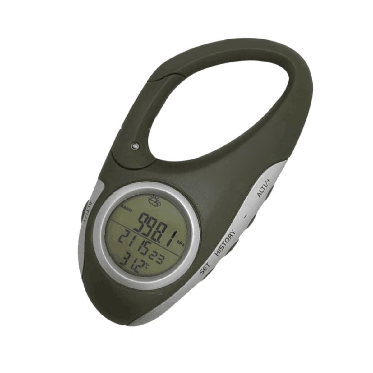 Angoily Altimètre Baromètre et Thermomètre à Mousqueton Vert en ABS Portable Mesure Pression Atmosphérique et Altitude pour Randonnée Montagne