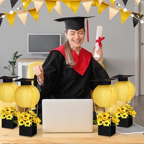 Silipull 6 Sets Graduation Table Centerpieces Hot Air Balloon Party Decorations Graduation Paper Lantern with Small Cap Tassel Table Decor Congrats Grad Party Supplies (Hot Air Balloon,Gold) — view 2