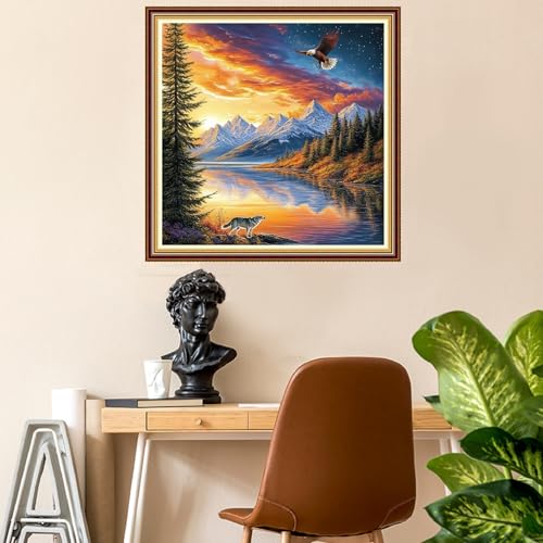 Image of Fanxvivy Stamped Counted Cross Stitch Kits for Adults Printed Cross-Stitch Patterns 11CT Stamped or Counted Cross Stitching Embroidery Kit Needlepoint Kits-Sunrise Scenery by the Lake 18x18 inch