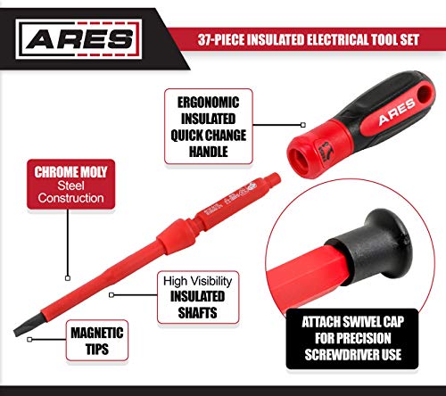 Ares 19004-37-Piece Insulated Electrical Tool Set - Ergonomic Handle With 19 Screwdriver Sizes And 4 Cabinet Keys - 1/2-Inch Drive Ratchet And Extensions - 9 Socket Sizes 10-24Mm - Storage Case #TOP3