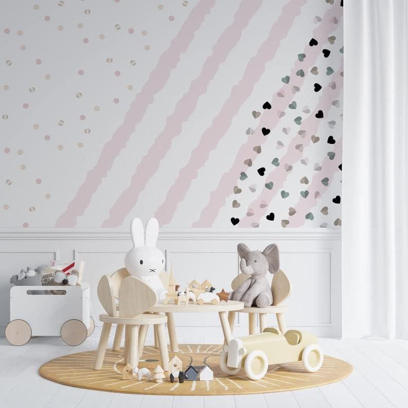 Miniatura 3 de COCODECO Sweet Wallpaper - Papel tapiz de pared con diseño de líneas onduladas, corazones mínimos, círculos prepegados, diseño de pared extraíble,