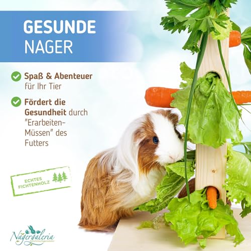 Nagergaleria® Futterbaum Kaninchen Meerschweinchen mit Bodenplatte aus Holz und Erdspieß fürs Freigehege Hasen | Heuraufe Kaninchen