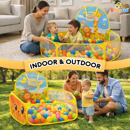 Image of BabyGo Kids Giraffe Basketball Ball Pool for Kids, Play Tent House for 2+ Year Old Girls and Boys, Ball Pit for Kid, Spacious, Lightweight, Portable & Easy to Set Up, (Yellow) (30 Balls)