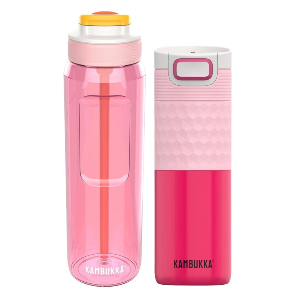 Kambukka Zestaw Pinky: bidon ze słomką Lagoon 1000 ml + termos Etna 500 ml – szczelny kubek termiczny i butelka, BPA Free, róż