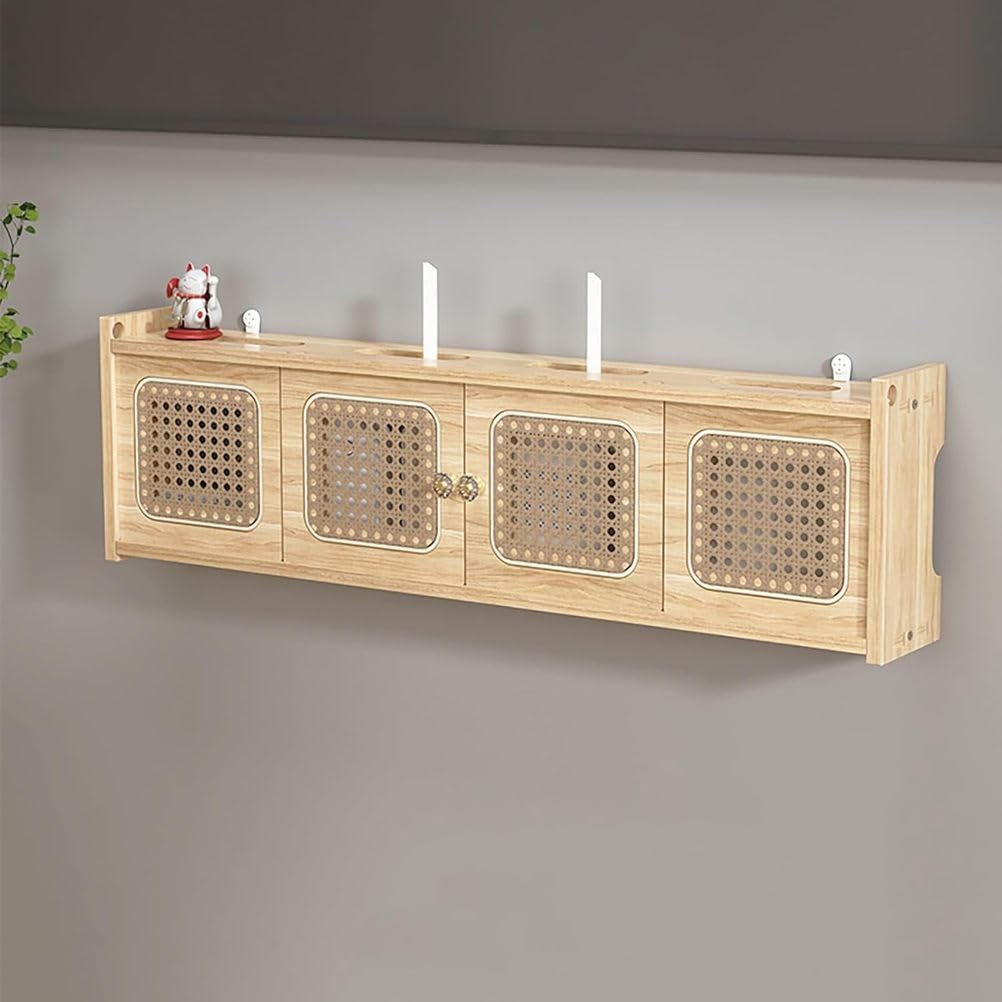 Boîte de rangement routeur WiFi murale en rotin beige de 80 cm pour le salon