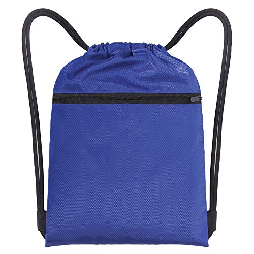 Drawstring Strings Bags with Pockets Sports Athletic School Travel Gym Cinch Sack Lightweight Backpack for Men and Women, Blue