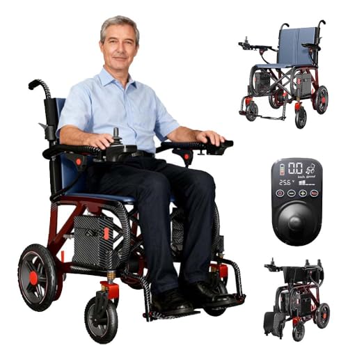 Silla de Ruedas Eléctrica de Fibra de Carbono, 400W Motor Sin Escobillas, Batería de Litio 20AH, con Asistencia Anti-Vuelco, Reposabrazos Abatibles, Bolsa de Almacenamiento, luces LED