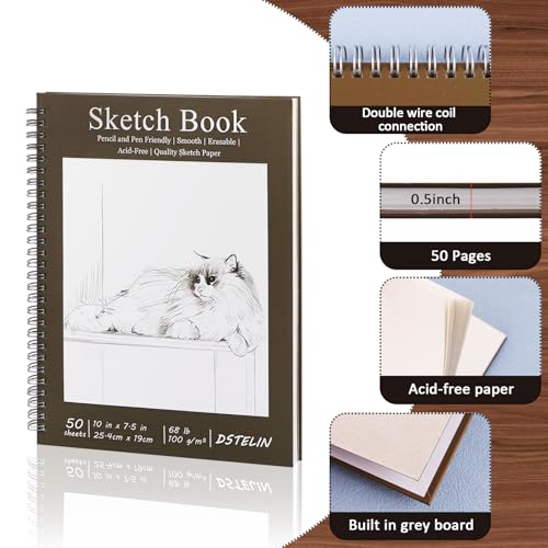 DSTELIN 10 x 7.5 Inch Spiral Bound Sketch Book for Drawing, 50 Sheets 68LB/100GSM Acid-Free Paper, Hardcover Sketch Pad for Students and Adults - Image 3