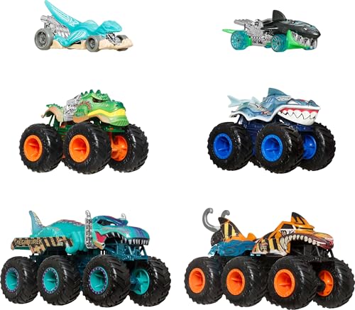 Hot Wheels Toy Cars & Monster Trucks, Sharks vs. Dinos Multipack with 2 Big Rigs, 2 1:64 Scale Monster Trucks & 2 1:64 Scale Vehicles