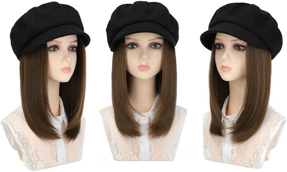 Hat Wig Wig Hat Removable Hat Wig Adjustable Removable Wig Hat Women's One-Piece Fashionable Short Straight Hair Octagonal Hat Wig Caps for Women (Color : C)