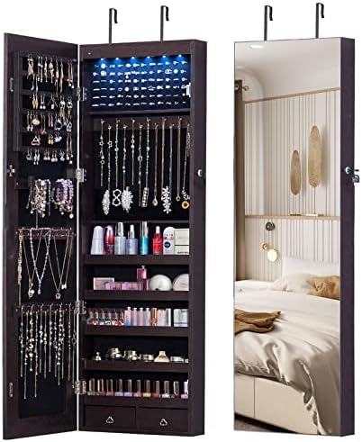 AOOU 6 LED Mirror Jewelry Cabinet Full Screen Display jewelry Armoire Organizer，47.3" H Lockable Wall/Door Mounted Makeup Box with 2 Drawers Brown