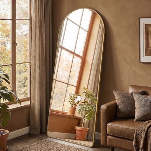 SONGMICS Ganzkörperspiegel 160 x 50 cm gewölbter Standspiegel Rahmen aus Aluminiumlegierung Hartglas abgerundete Ecke für Schlafzimmer Wohnzimmer Garderobe blassgold LFM051AB01
