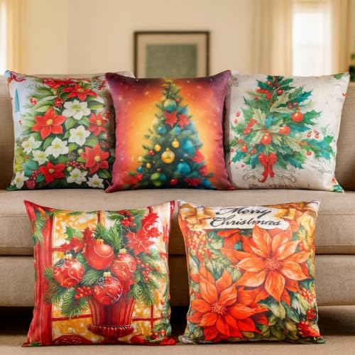 Image of Decorative Satin Sofa Cushion Covers Set of 5, 16 x 16 Inches, Multicolor Floral Printed Pillow Covers for Living Room, Bedroom, Couch & Sofa, Soft Glossy Fabric, Zipper Closure
