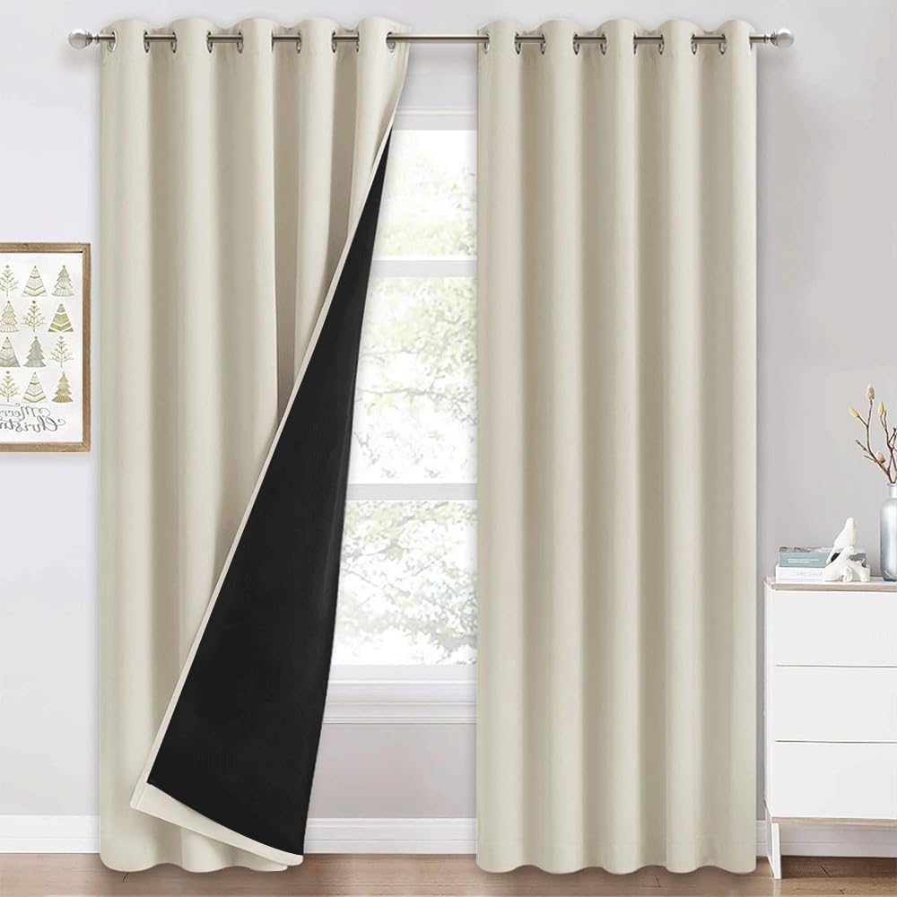 PONY DANCE Thermal Blackout Curtains for Bedroom Kitchen Soundproof Panels with Black Lining, Set of 2, 66" Wide x 90" Drop, Light Beige โ image 1