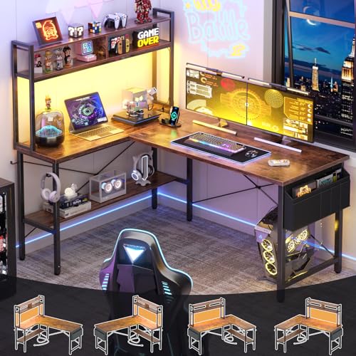 Image of Aheaplus L Shaped Desk Gaming Desk, 59 inch L Shaped Computer Desk with LED Light & Power Outlet, Reversible Home Office Desk Gamer Desk with Shelves & Storage Bag & Hooks, Corner PC Desk, Rustic Brown