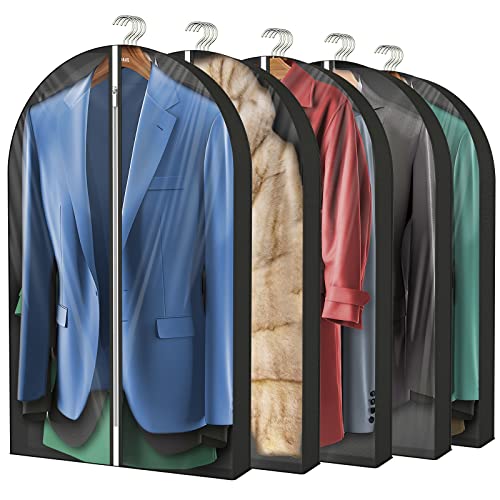 Walkpet 40" Clear Garment Bags with 4" Gussetes,Clothing Storage Bags for Coat, Dress, Jacket,Shirts,Moth Proof Suits Bags for Closet Storage Travel,5 Packs,Black
