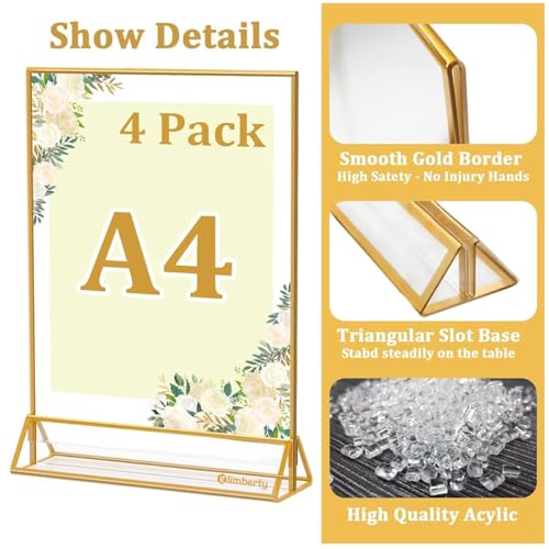 Image of Climberty 4 Pack Acrylic Gold Sign Holder, Double Sided A4 Menu Stand, Clear Vertical Table Display for Restaurant Menus, Office Flyers, Acrylic Photo Frame, Desk Brochure Holder
