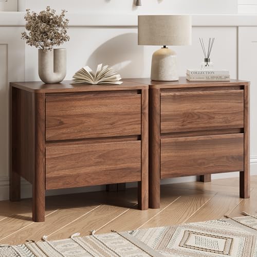 MAISONARIA Walnut Nightstands Set of 2 Mid Century Modern Bedside Table with Hidden Handles and Wood Legs Wooden End Table with 2 Drawers for Bedroom