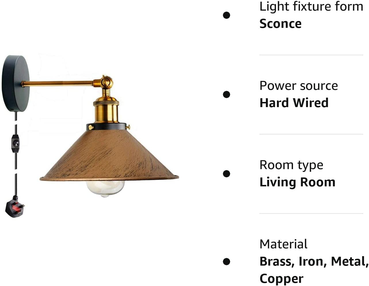 LEDSone Retro Plug in Wall Light Lamps with 2m Plug in Cable Cord and Dimmer Switch - Image 3