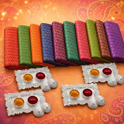 Image of Habba Blouse Piece with Silver Kumkum Box for Women, Silk Blend Fabric & Decorative Haldi Kumkum Holder, Traditional Tambulam Return Gift for Diwali, Navratri, Wedding, Housewarming, Baby - Pack of 5