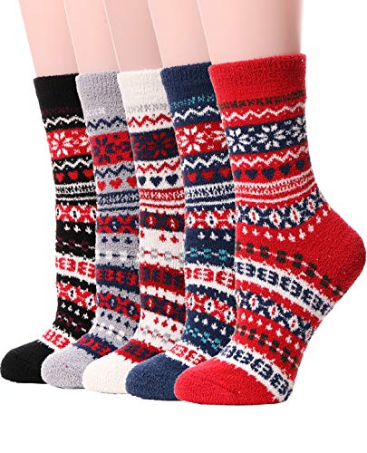 Womens Girls Fuzzy Socks 5 Pairs Soft Cabin Warm Fluffy Cozy Slipper Winter Stocking Stuffers Fleece Adult Sleep Plush Socks (Snowflake (5 Pairs))