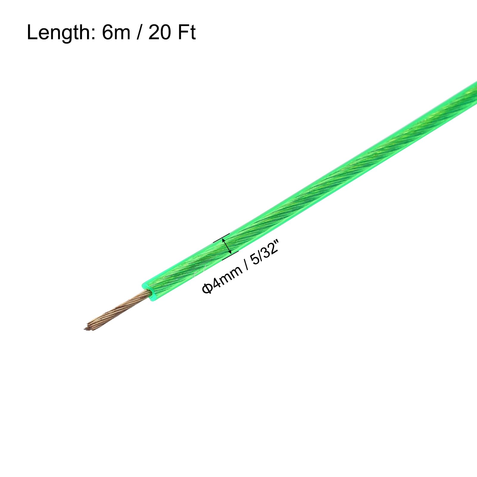 MECCANIXITY 4mm (5/32 inch) Green Vinyl Coated Wire Rope, 6m /20ft Galvanized Steel Cable Wire Rope with 2PCS M5 Loop Sleeves for String Light Hanging, Deck Railing, Garden Wire