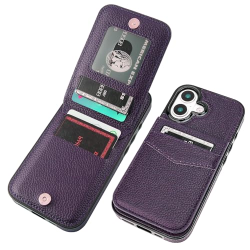 KIHUWEY for iPhone 17 Wallet Case Card Holder Kickstand, Lichee Dark Purple