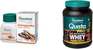 Himalaya Ashwagandha Pure Herbs General Wellness Tablets - 60 Count & Himalaya Quista Pro Advanced Whey Protein Powder - 1kg (Chocolate)