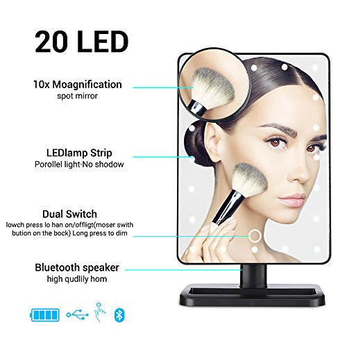 LUXACURY Vanity Mirror Led Bluetooth Make up Mirror with Lights and Magnifier Touch Screen and 10X Magnification, Wireless Bluetooth + Speakerphone & USB Charger,Bluetooth Led Mirror (Black)